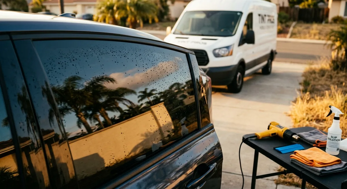 Hand applying dark window-tint film to the rear quarter window of a vehicle in a residential Oceanside driveway, with a folding work table of tools nearby.