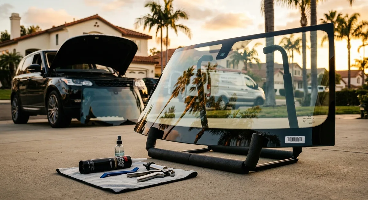 Fresh OEM-spec windshield being lowered into the frame of a black luxury SUV by suction-cup tools during a mobile replacement in Oceanside.