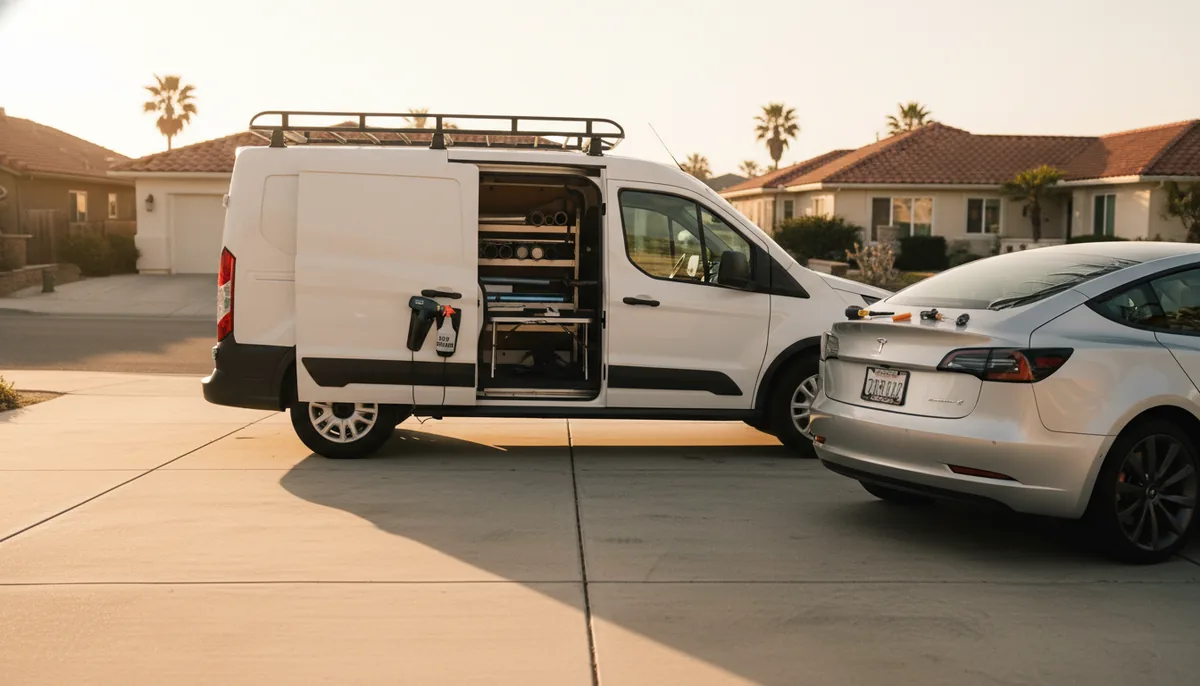 Express One mobile-service van parked in a residential Oceanside driveway at golden hour, side cargo doors open showing organized tools and tint film rolls, with a sedan mid-job in front.