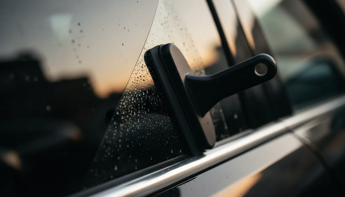 Squeegee pressing a fresh sheet of dark ceramic window-tint film against an automotive side window during a mobile install in Oceanside.